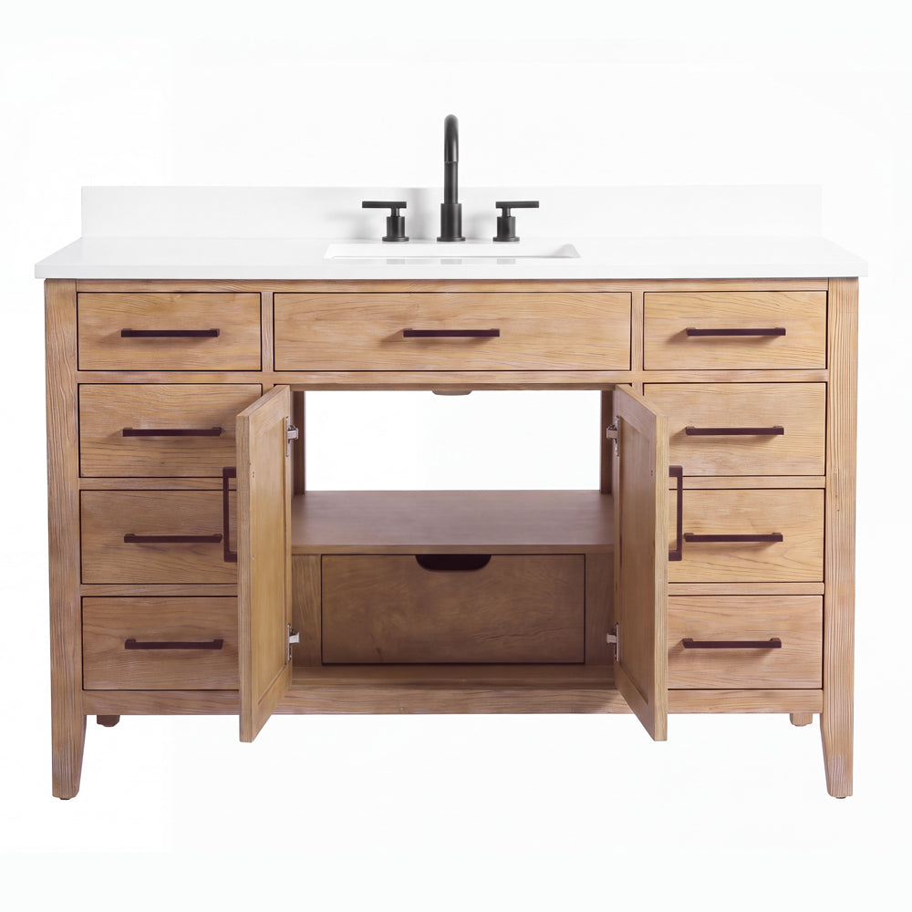 48 Inch Mid-Century Modern Weathered Natural Carvel Bathroom Vanity, Single Sink, White Quartz Top, Fully Assembled