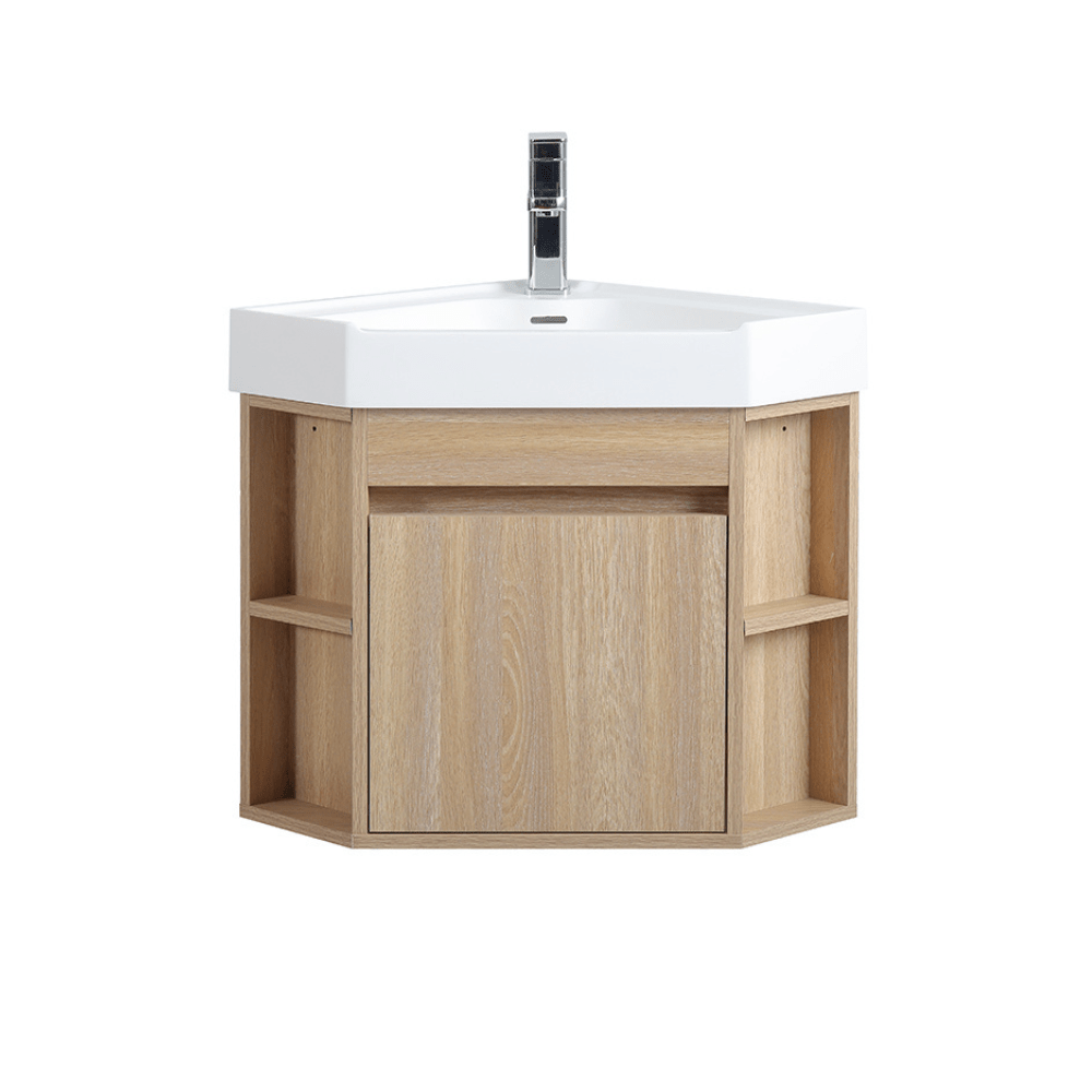 18 Inch Light Oak Trinsville Wall Mount Corner Bathroom Vanity with Matte Solid Surface