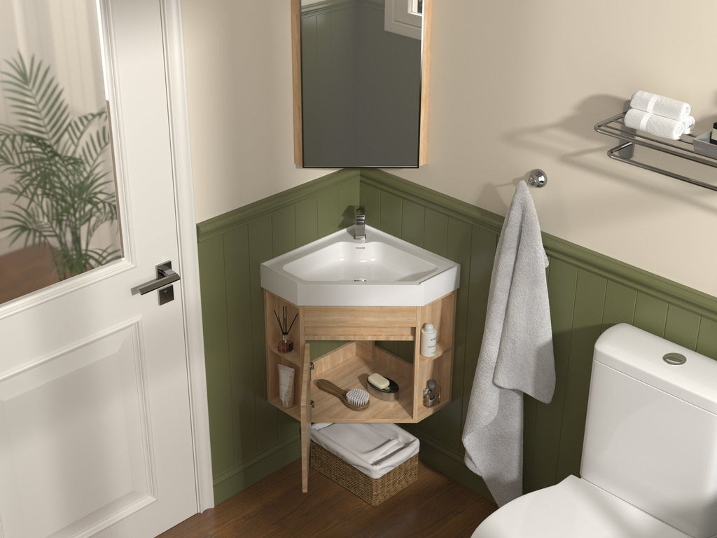 18 Inch Light Oak Trinsville Wall Mount Corner Bathroom Vanity with Matte Solid Surface