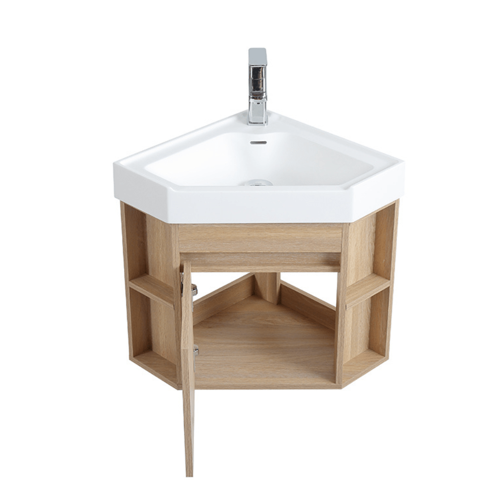 18 Inch Light Oak Trinsville Wall Mount Corner Bathroom Vanity with Matte Solid Surface