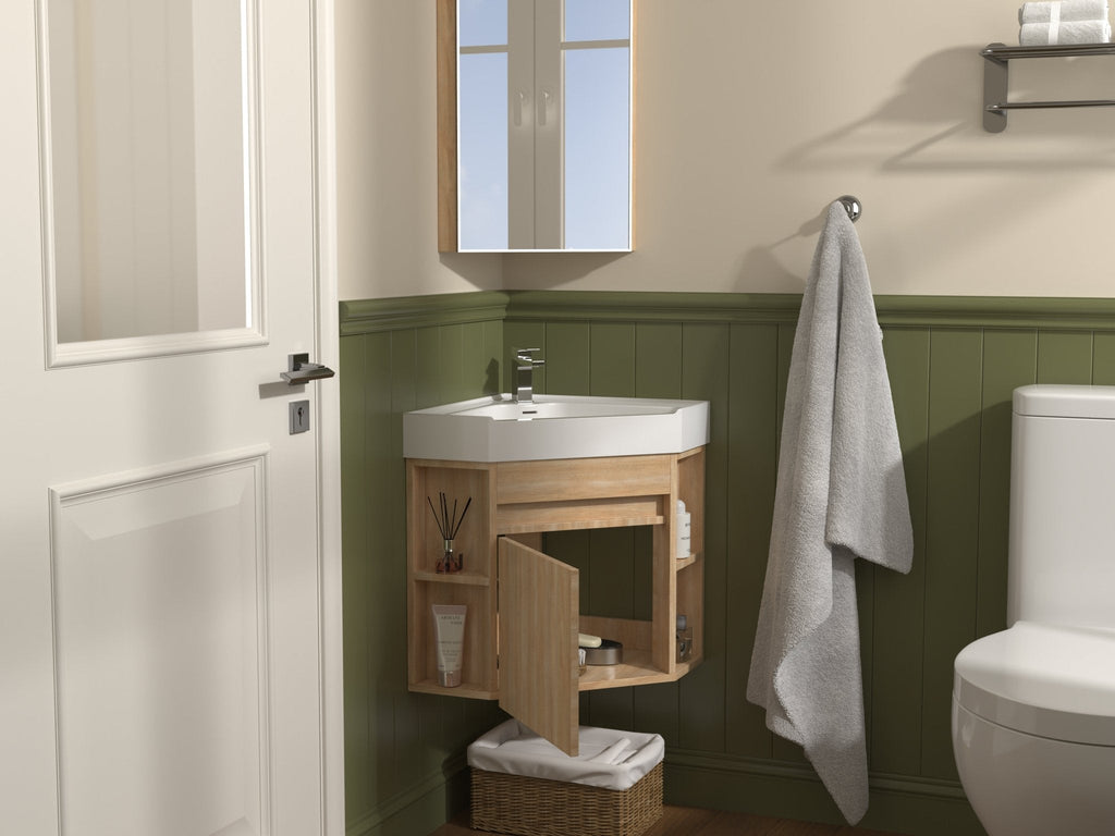 18 Inch Light Oak Trinsville Wall Mount Corner Bathroom Vanity with Matte Solid Surface