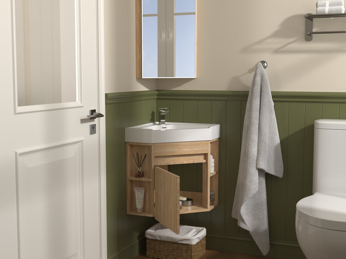 18 Inch Light Oak Trinsville Wall Mount Corner Bathroom Vanity with Matte Solid Surface