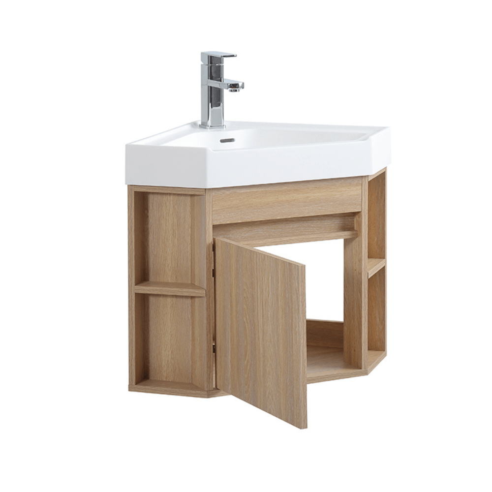 18 Inch Light Oak Trinsville Wall Mount Corner Bathroom Vanity with Matte Solid Surface