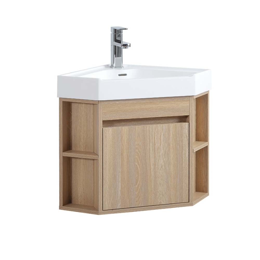 18 Inch Light Oak Trinsville Wall Mount Corner Bathroom Vanity with Matte Solid Surface