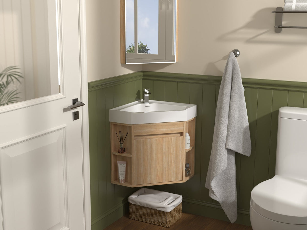 18 Inch Light Oak Trinsville Wall Mount Corner Bathroom Vanity with Matte Solid Surface