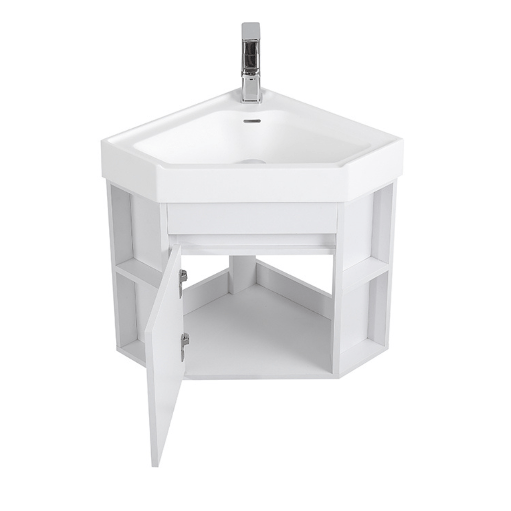 18 Inch White Trinsville Wall Mount Corner Bathroom Vanity with Matte Solid Surface