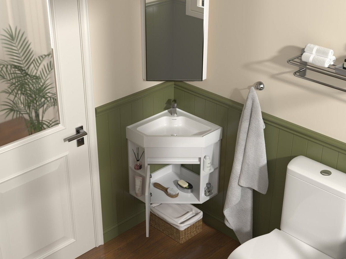 18 Inch White Trinsville Wall Mount Corner Bathroom Vanity with Matte Solid Surface