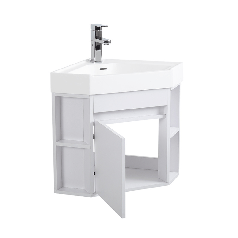 18 Inch White Trinsville Wall Mount Corner Bathroom Vanity with Matte Solid Surface