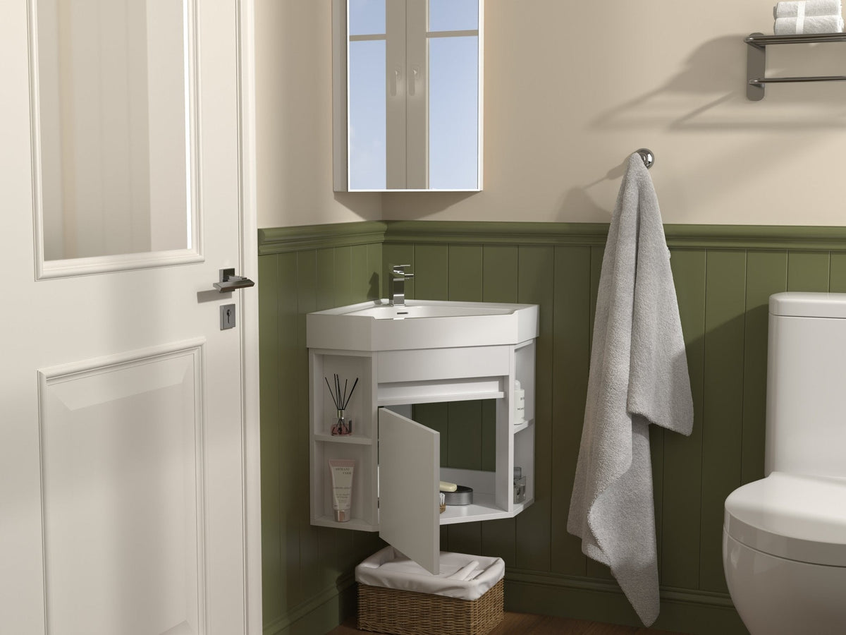 18 Inch White Trinsville Wall Mount Corner Bathroom Vanity with Matte Solid Surface