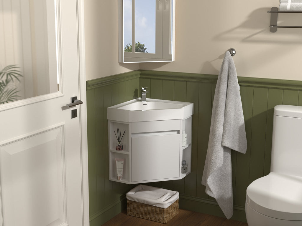 18 Inch White Trinsville Wall Mount Corner Bathroom Vanity with Matte Solid Surface