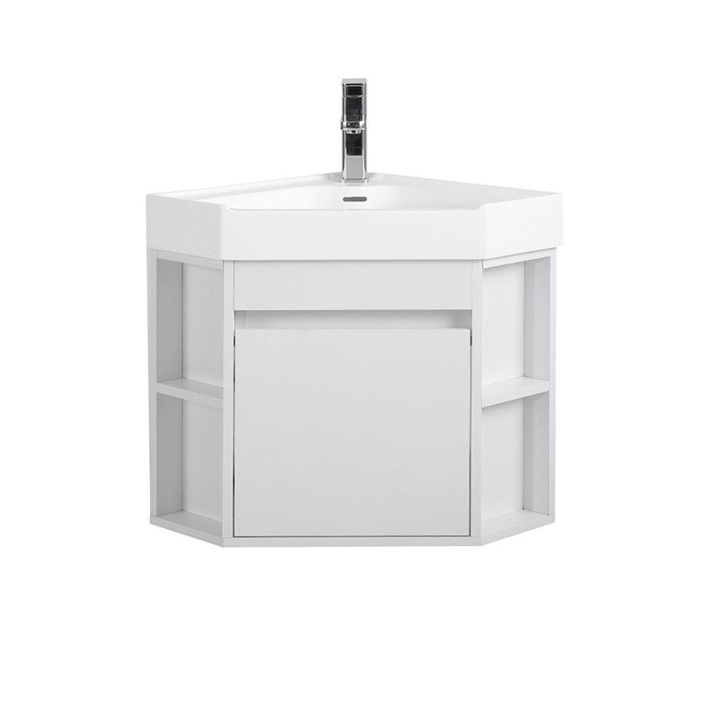 18 Inch White Trinsville Wall Mount Corner Bathroom Vanity with Matte Solid Surface