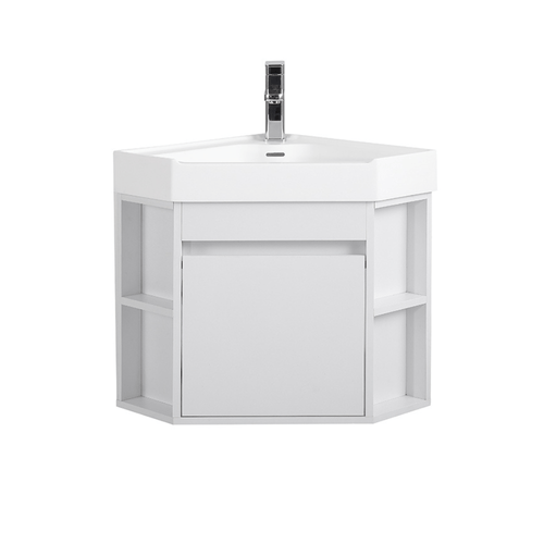 18 Inch White Trinsville Wall Mount Corner Bathroom Vanity with Matte Solid Surface