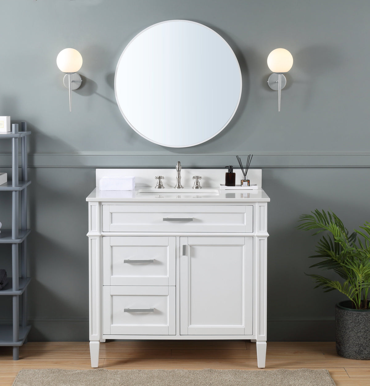 36 Inch Durand Modern White Bathroom Sink Vanity with Stone Counter Top