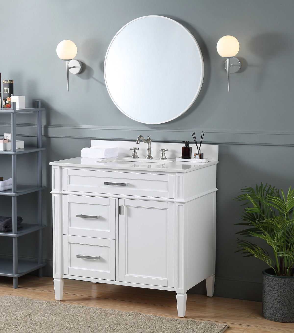 36 Inch Durand Modern White Bathroom Sink Vanity with Stone Counter Top