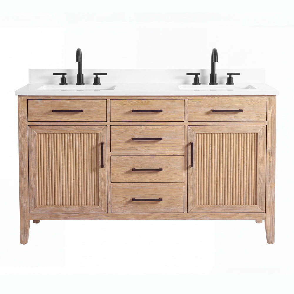 54 Inch Mid-Century Modern Weathered Natural Carvel Bathroom Vanity, Double Sink, White Quartz Top, Fully Assembled