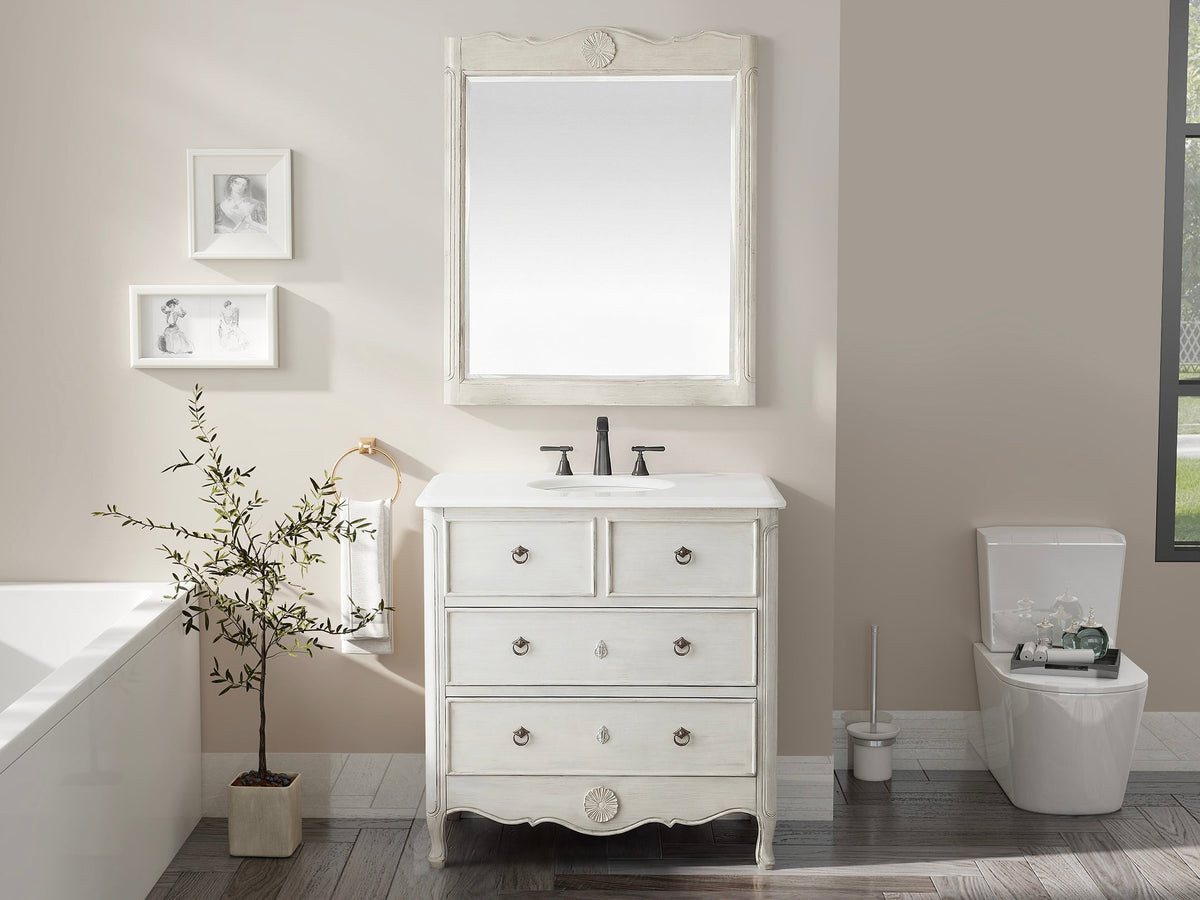 34 Inch Cottage Freestanding Distressed Antique White Daleville Bathroom Vanity, Single Sink, Fully Assembled