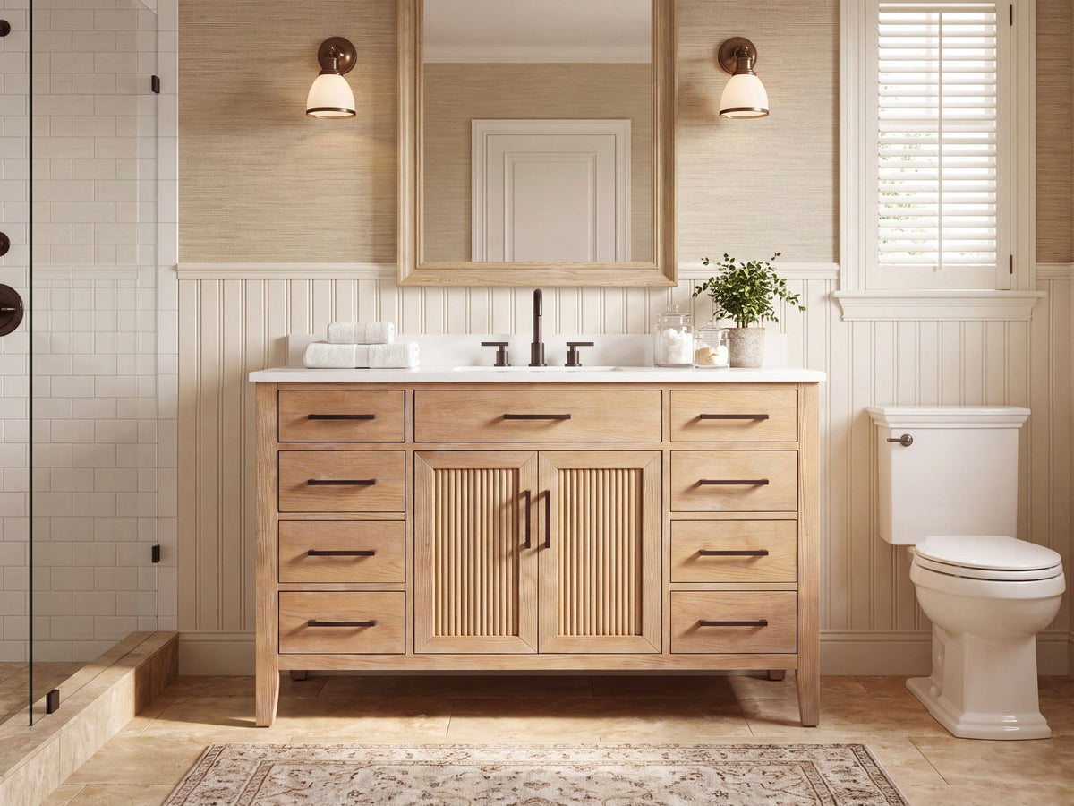 48 Inch Mid-Century Modern Weathered Natural Carvel Bathroom Vanity, Single Sink, White Quartz Top, Fully Assembled