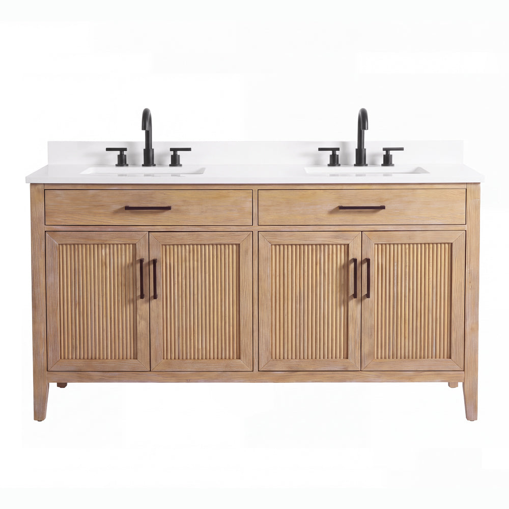 60 Inch Mid-Century Modern Weathered Natural Carvel Bathroom Vanity, Double Sink, White Quartz Top, Fully Assembled