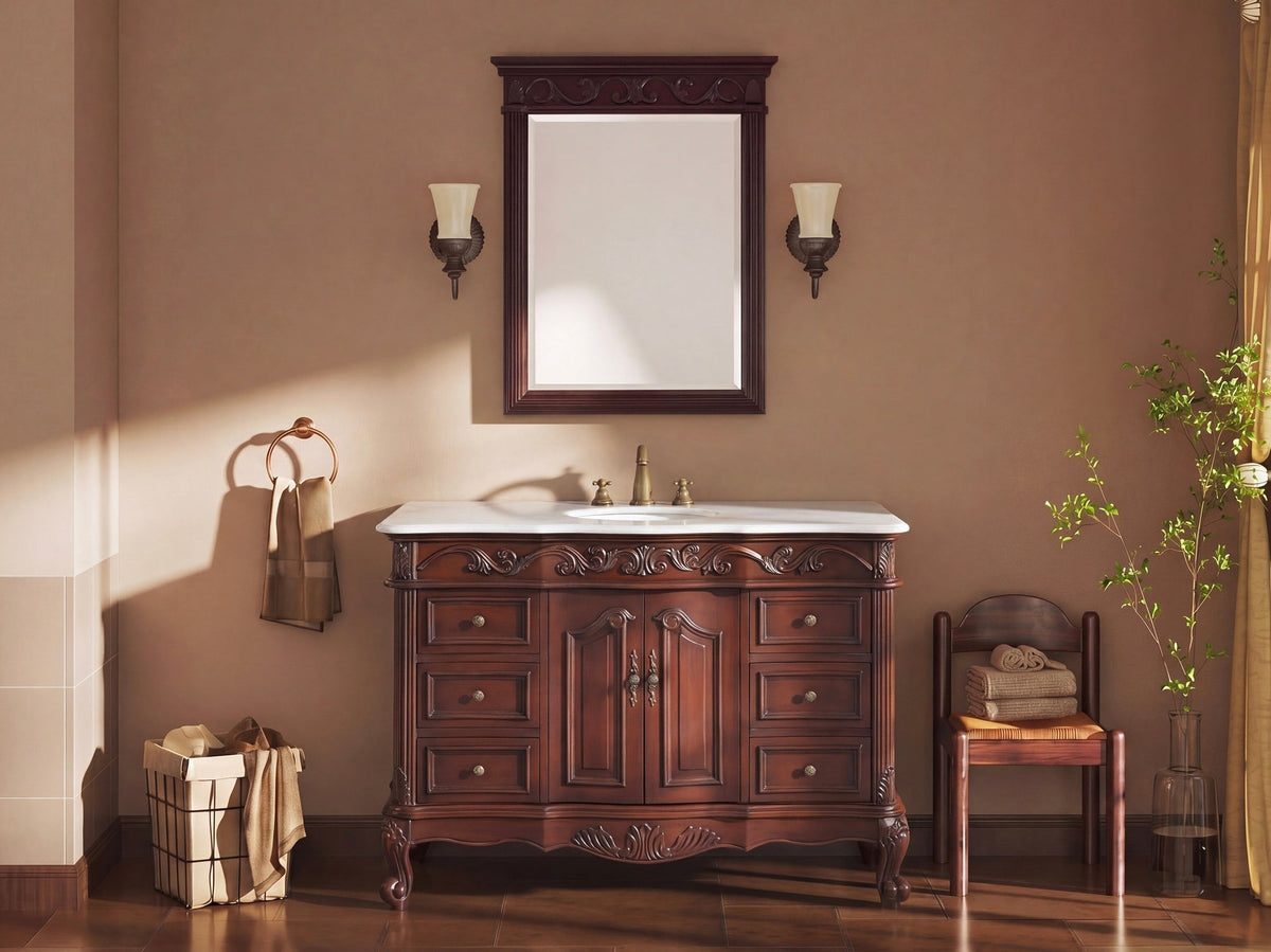 48 Inch Traditional Freestanding Cherry Brown Beckham Bathroom Vanity, Single Sink, White Marble Top, Fully Assembled