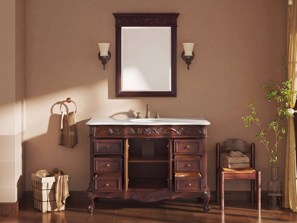 48 Inch Traditional Freestanding Cherry Brown Beckham Bathroom Vanity, Single Sink, White Marble Top, Fully Assembled