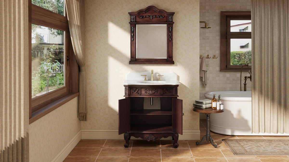 30 Inch Traditional Freestanding Cherry Wood Ellenton Bathroom Vanity, Single Sink, White Marble Top, Fully Assembled
