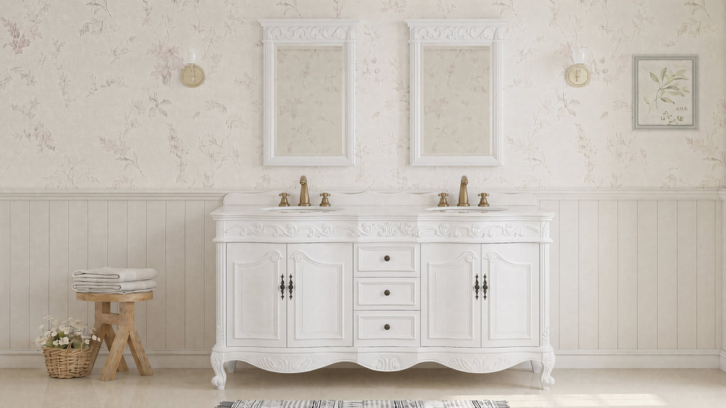 72 Inch Traditional Freestanding Antique White Beckham Bathroom Vanity, Double Sink, White Top, Fully Assembled