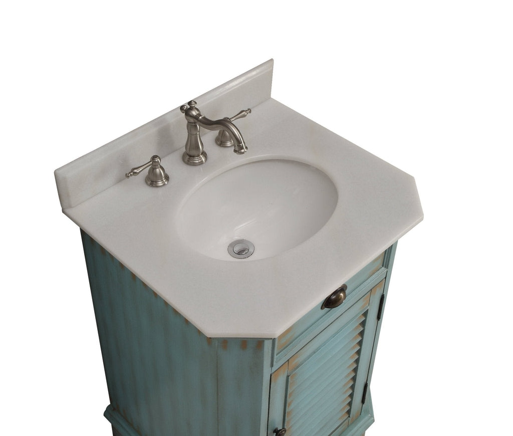 24 inch Farmhouse Style Distressed Blue Bathroom Vanity With Marble Top