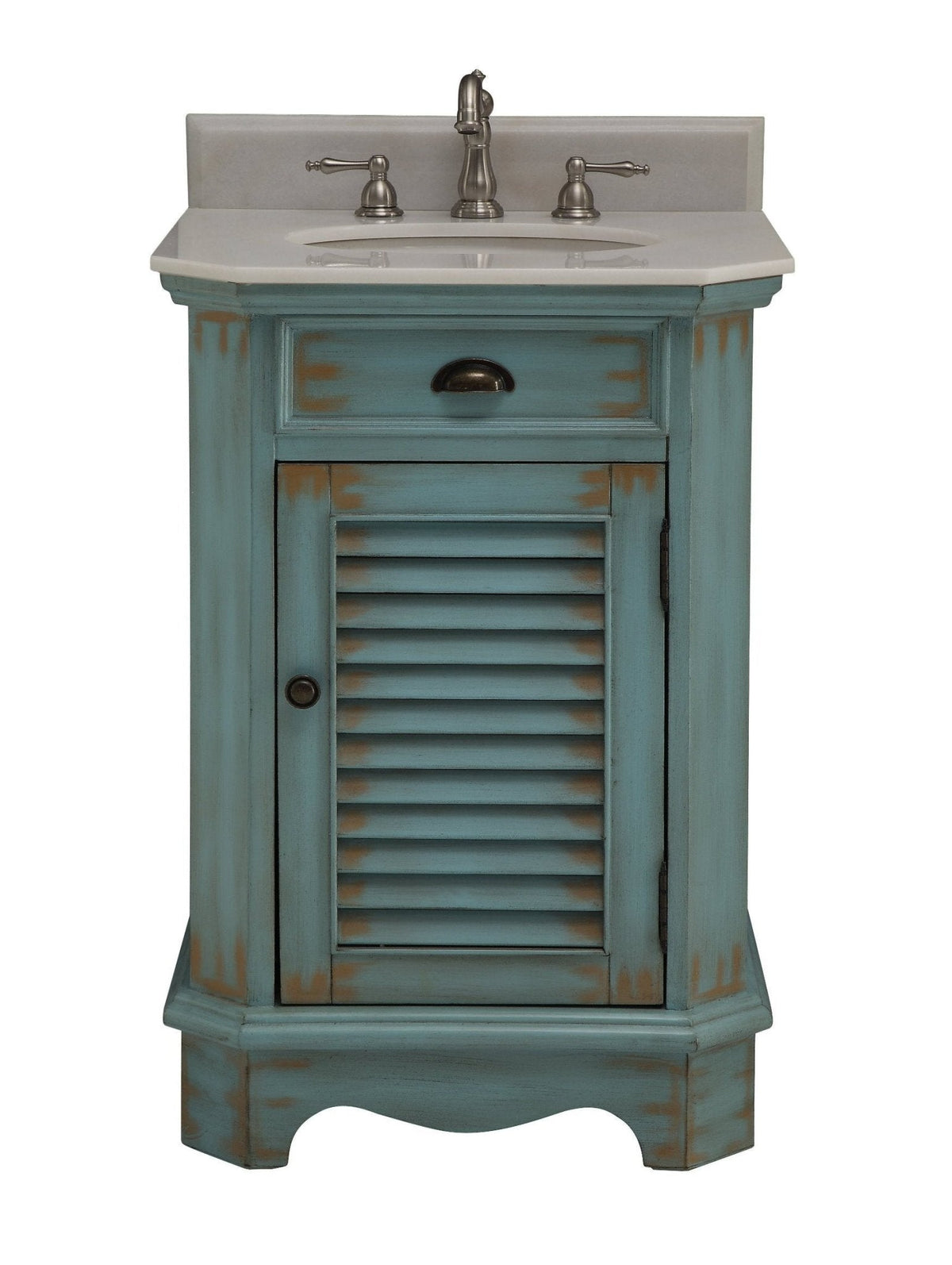 24 inch Farmhouse Style Distressed Blue Bathroom Vanity With Marble Top
