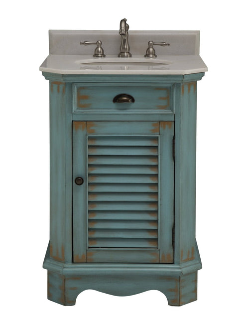 24 inch Farmhouse Style Distressed Blue Bathroom Vanity With Marble Top