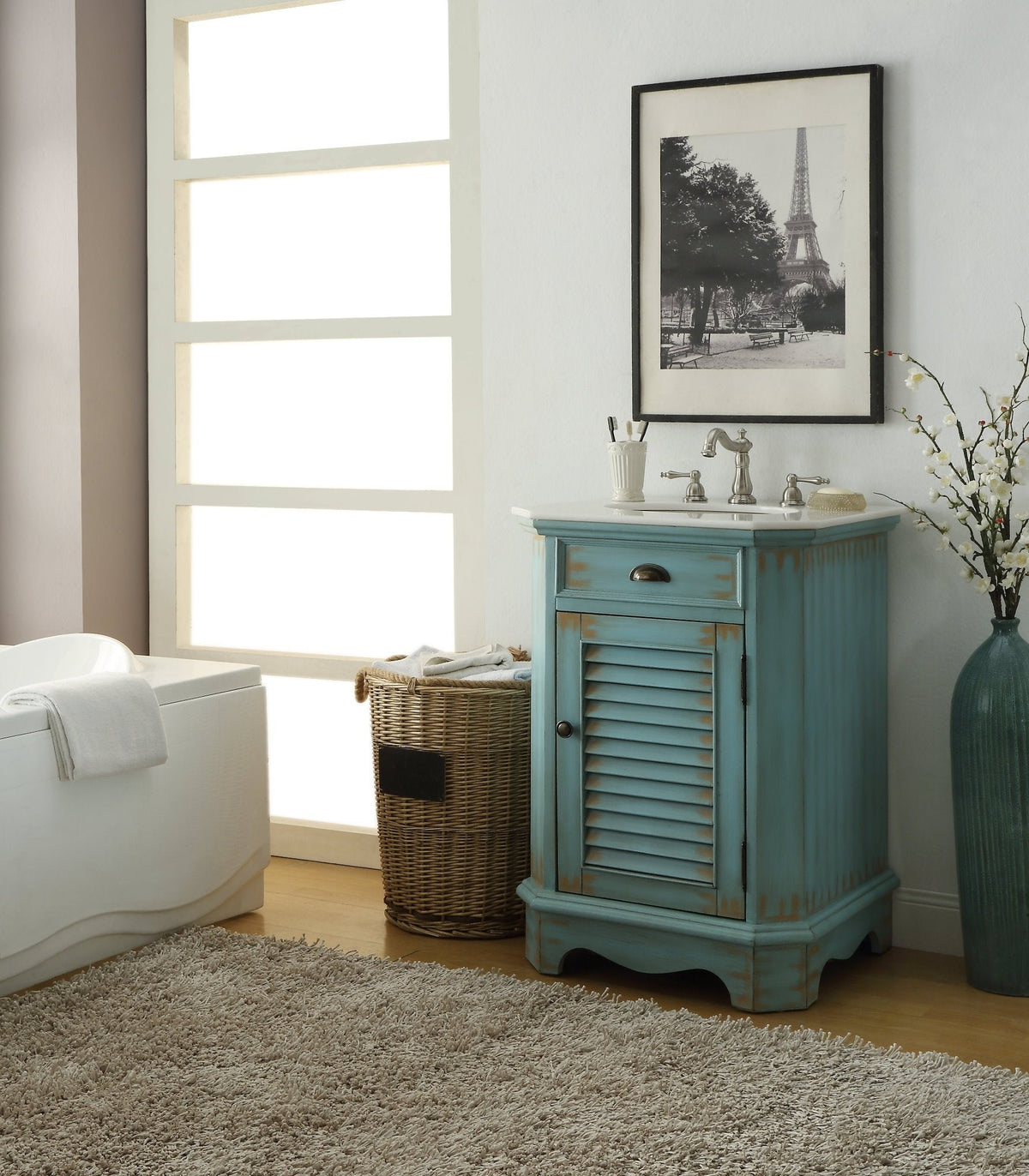 24 inch Farmhouse Style Distressed Blue Bathroom Vanity With Marble Top