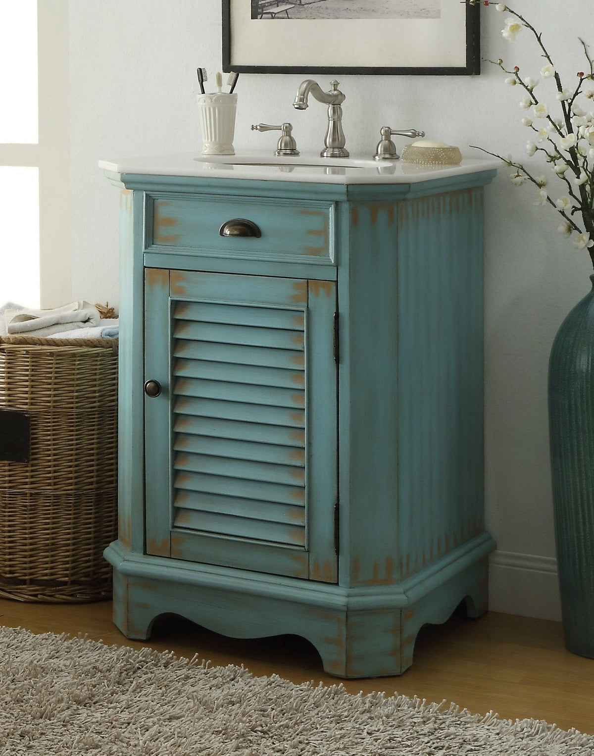24 inch Farmhouse Style Distressed Blue Bathroom Vanity With Marble Top