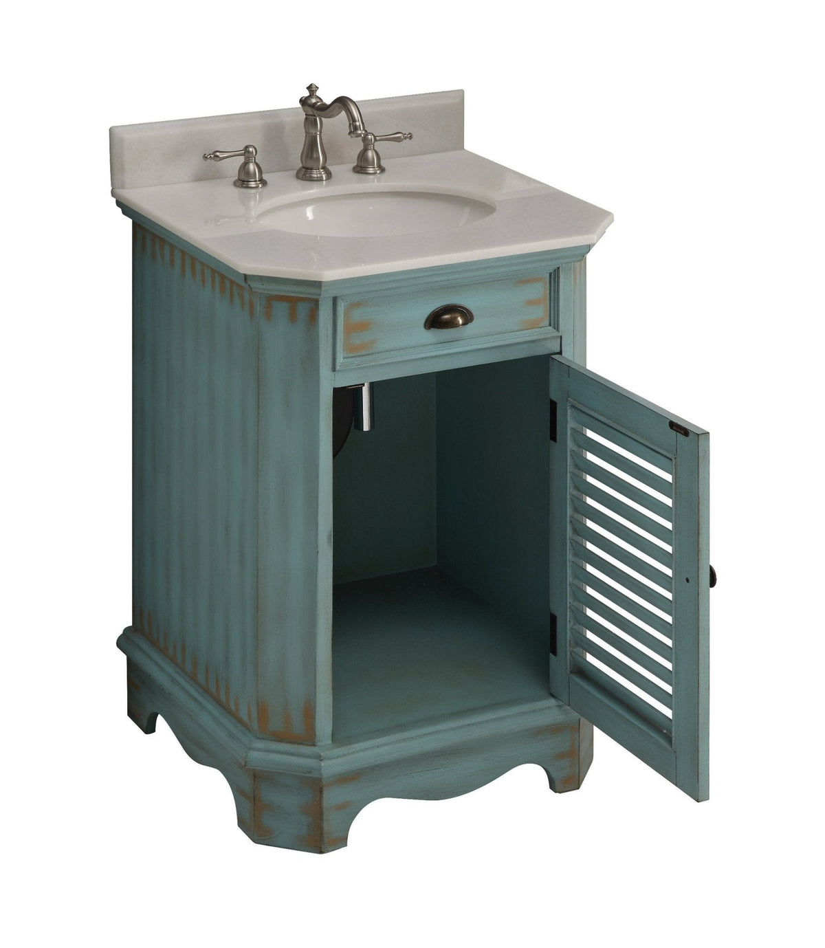 24 inch Farmhouse Style Distressed Blue Bathroom Vanity With Marble Top