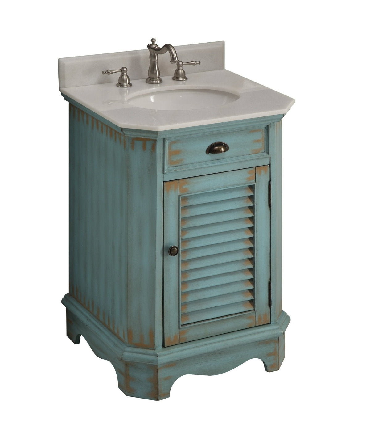 24 inch Farmhouse Style Distressed Blue Bathroom Vanity With Marble Top