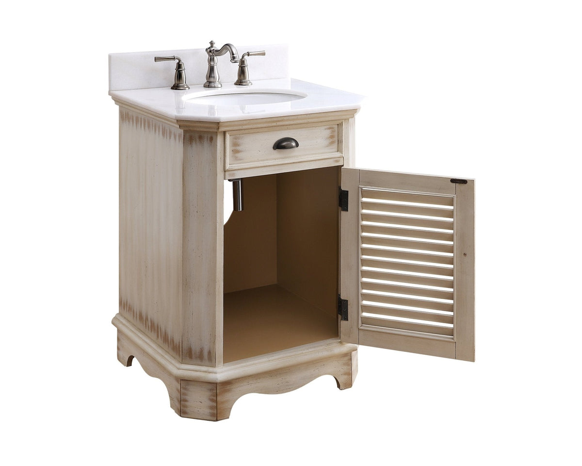 24 Inch Farmhouse Style Distressed Beige Bathroom Vanity With Marble Top