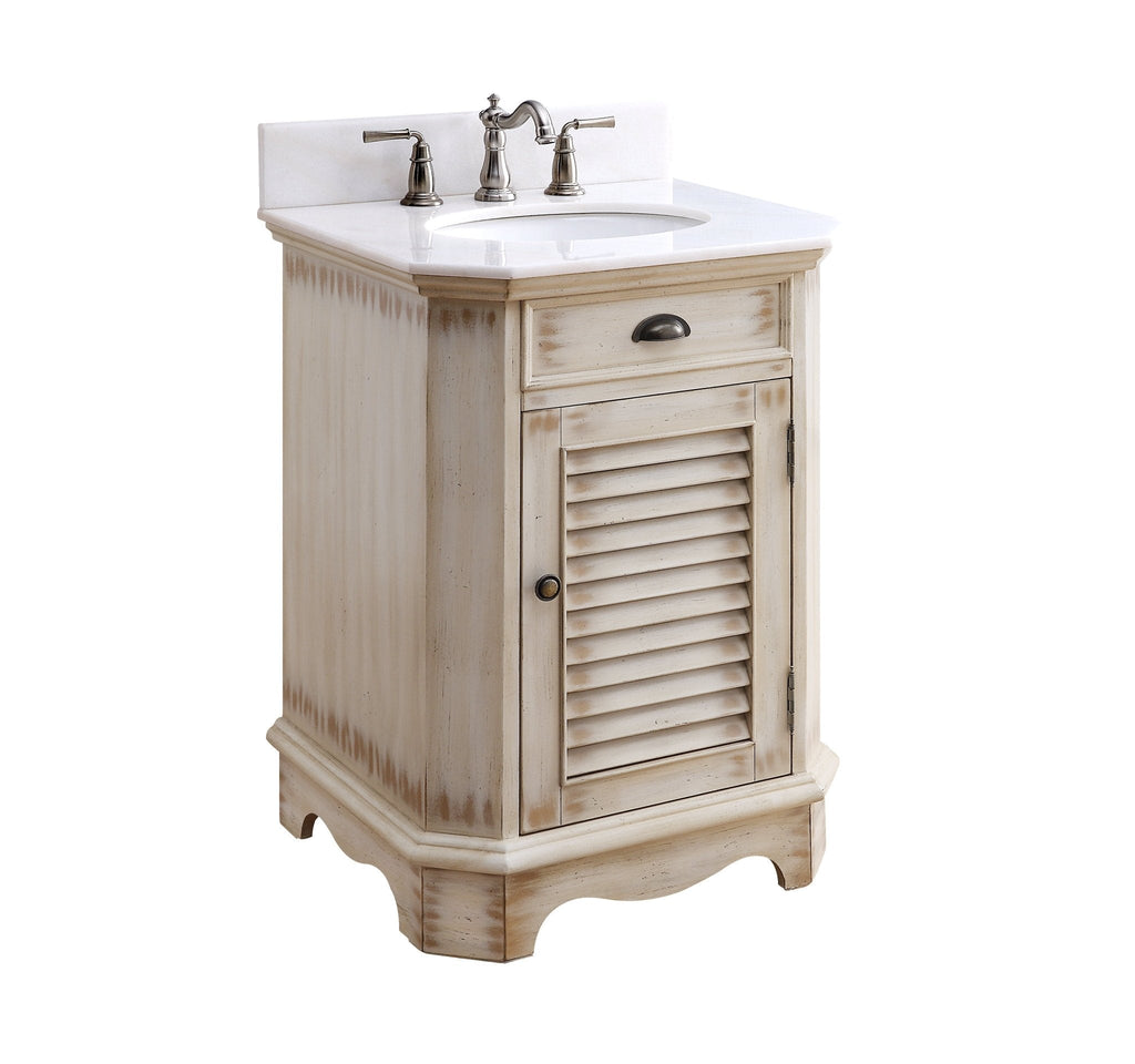 24 Inch Farmhouse Style Distressed Beige Bathroom Vanity With Marble Top