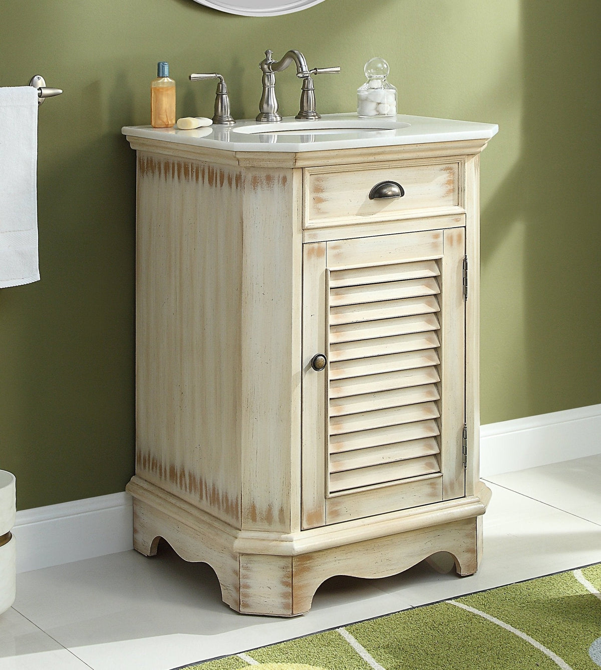 24 Inch Farmhouse Style Distressed Beige Bathroom Vanity With Marble Top