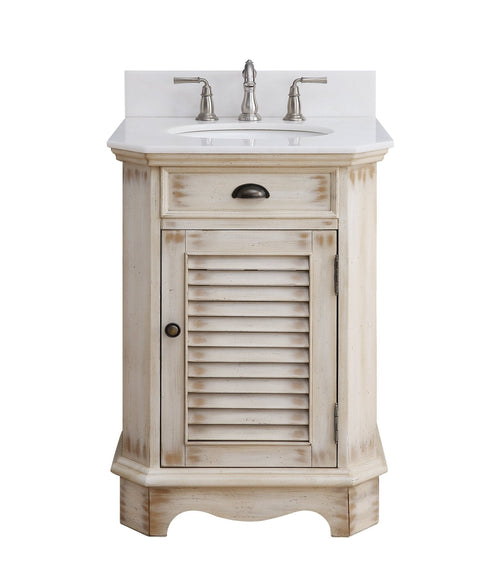 24 Inch Farmhouse Style Distressed Beige Bathroom Vanity With Marble Top