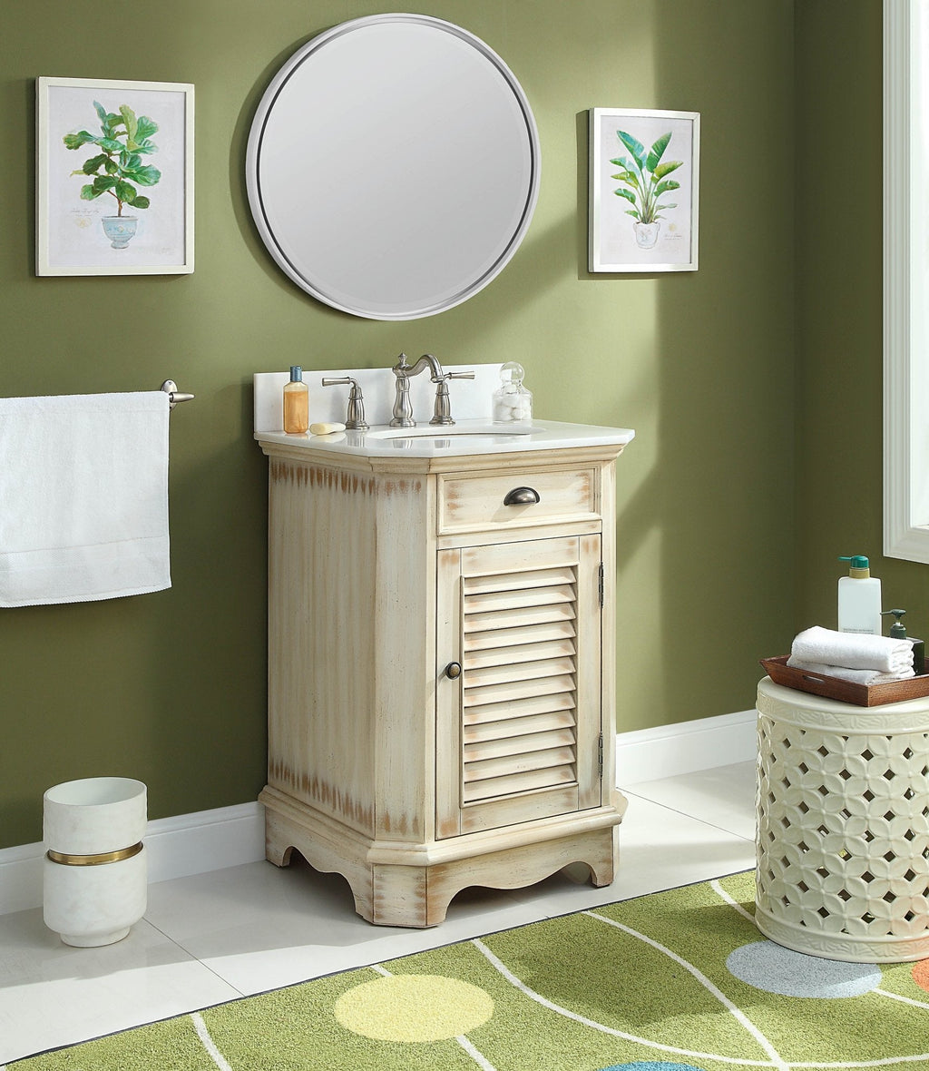 24 Inch Farmhouse Style Distressed Beige Bathroom Vanity With Marble Top