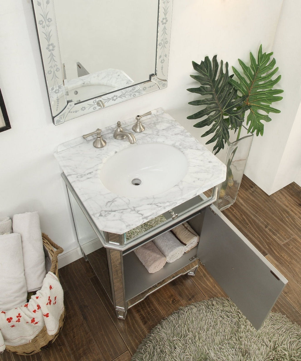 24 Inch Asger Mirrored Reflection Silver Trim Asger Bathroom Sink Vanity