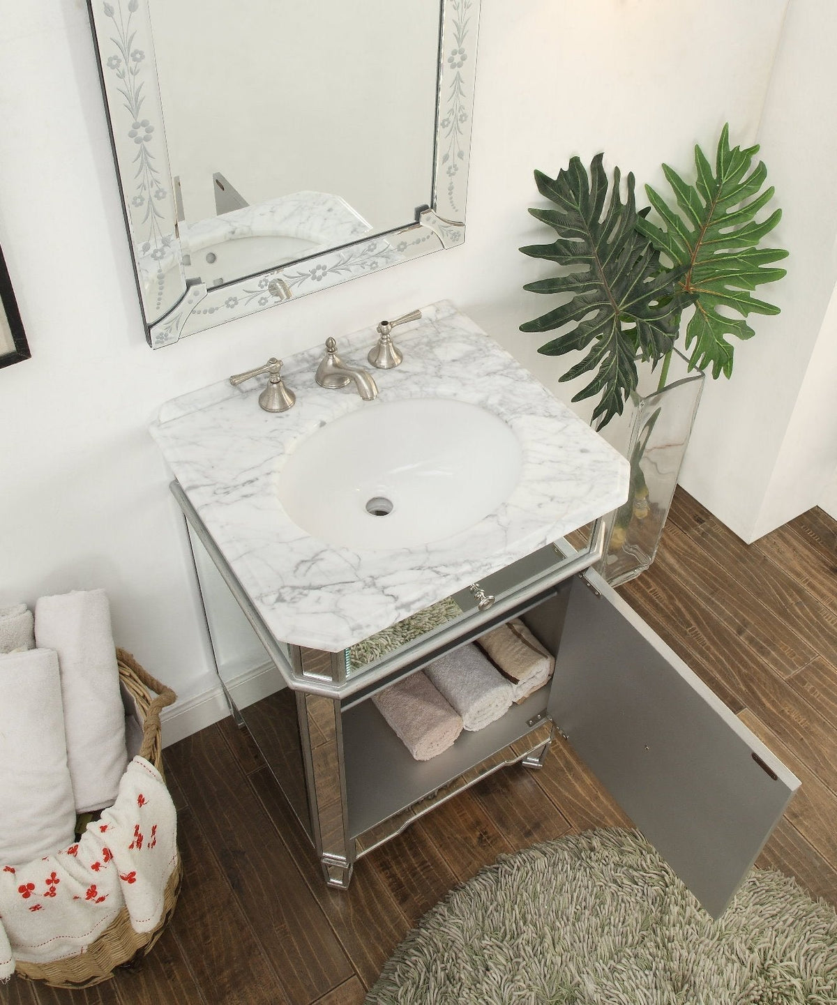 24 Inch Asger Mirrored Reflection Silver Trim Asger Bathroom Sink Vanity