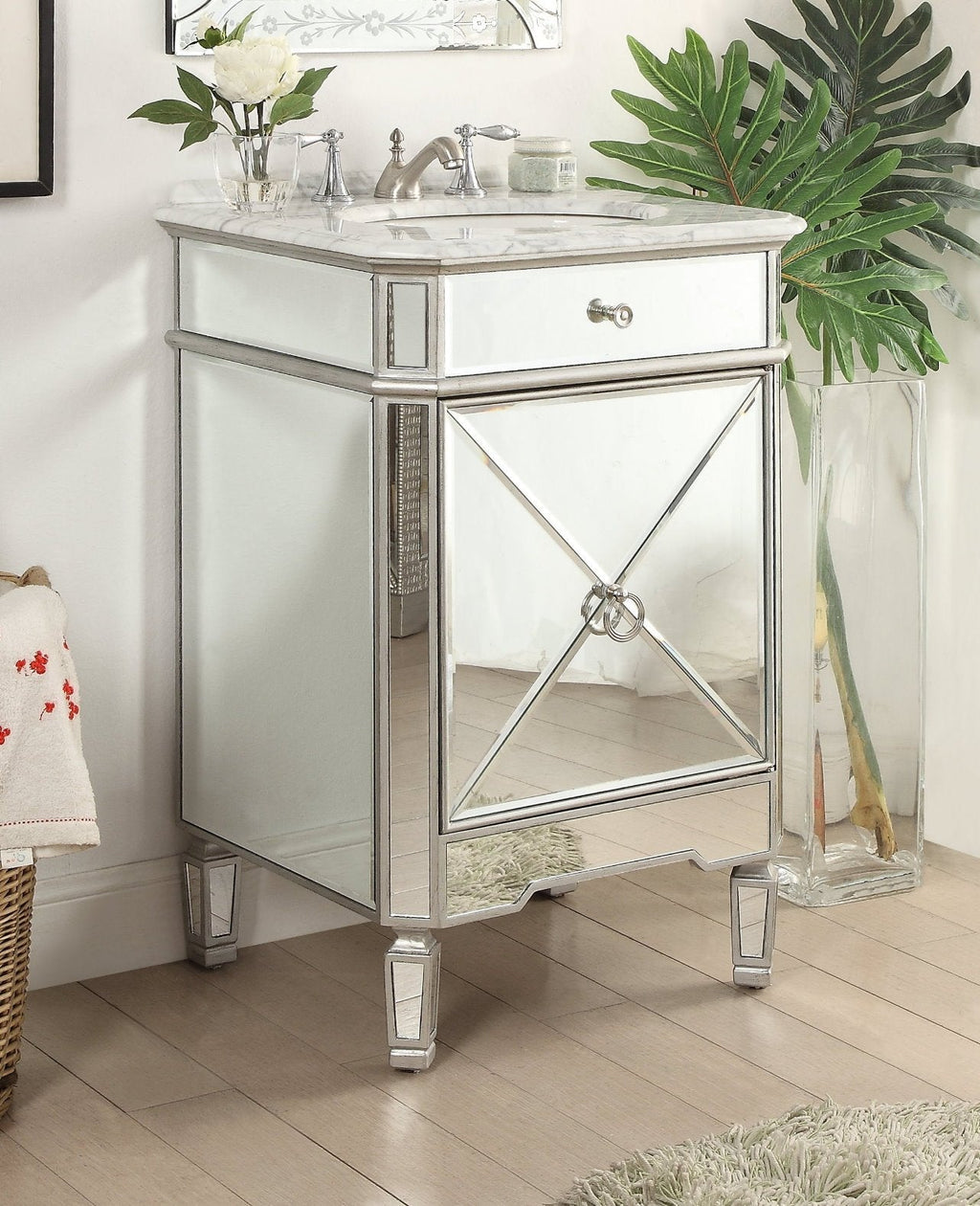 24 Inch Asger Mirrored Reflection Silver Trim Asger Bathroom Sink Vanity