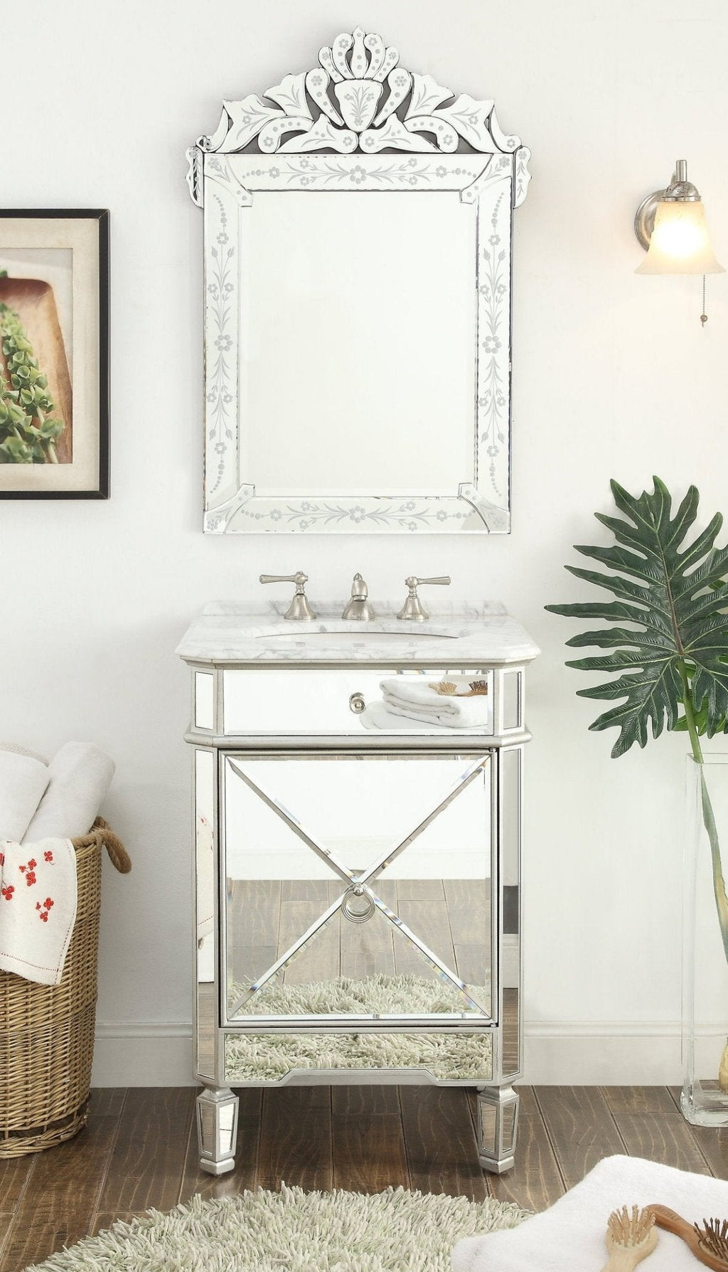 24 Inch Asger Mirrored Reflection Silver Trim Asger Bathroom Sink Vanity