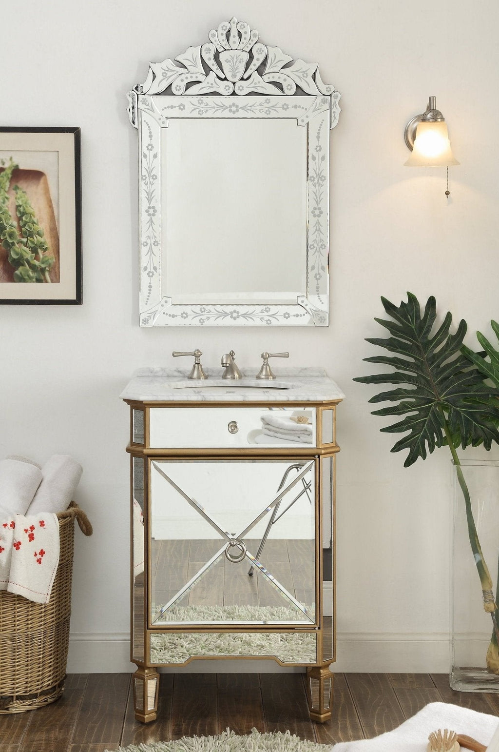 24 Inch Mirrored Reflection Gold Trim Asger Bathroom Sink Vanity