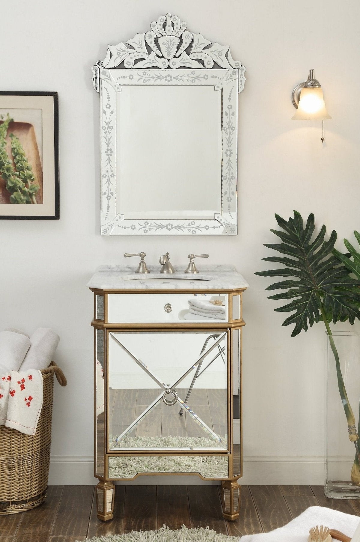 24 Inch Mirrored Reflection Gold Trim Asger Bathroom Sink Vanity