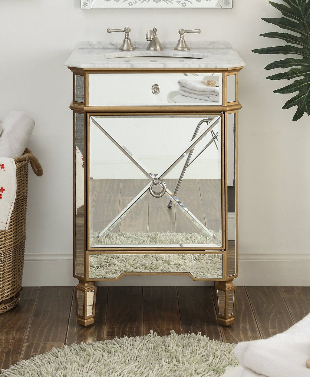 24 Inch Mirrored Reflection Gold Trim Asger Bathroom Sink Vanity