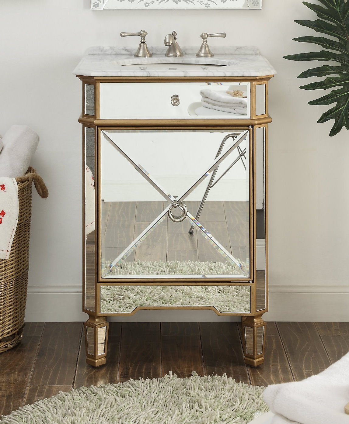 24 Inch Mirrored Reflection Gold Trim Asger Bathroom Sink Vanity