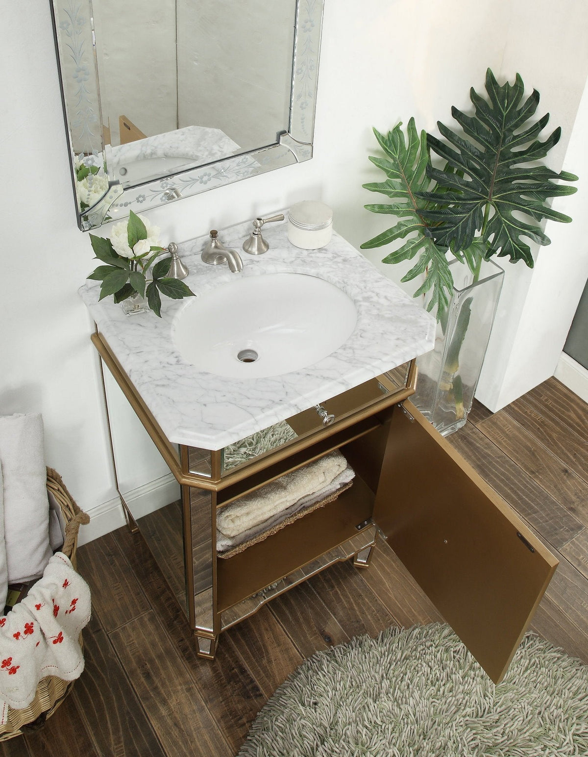 24 Inch Mirrored Reflection Gold Trim Asger Bathroom Sink Vanity