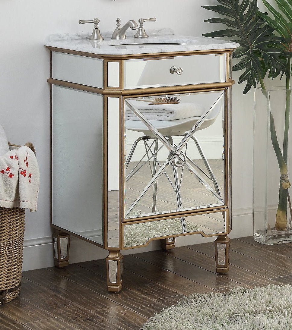 24 Inch Mirrored Reflection Gold Trim Asger Bathroom Sink Vanity