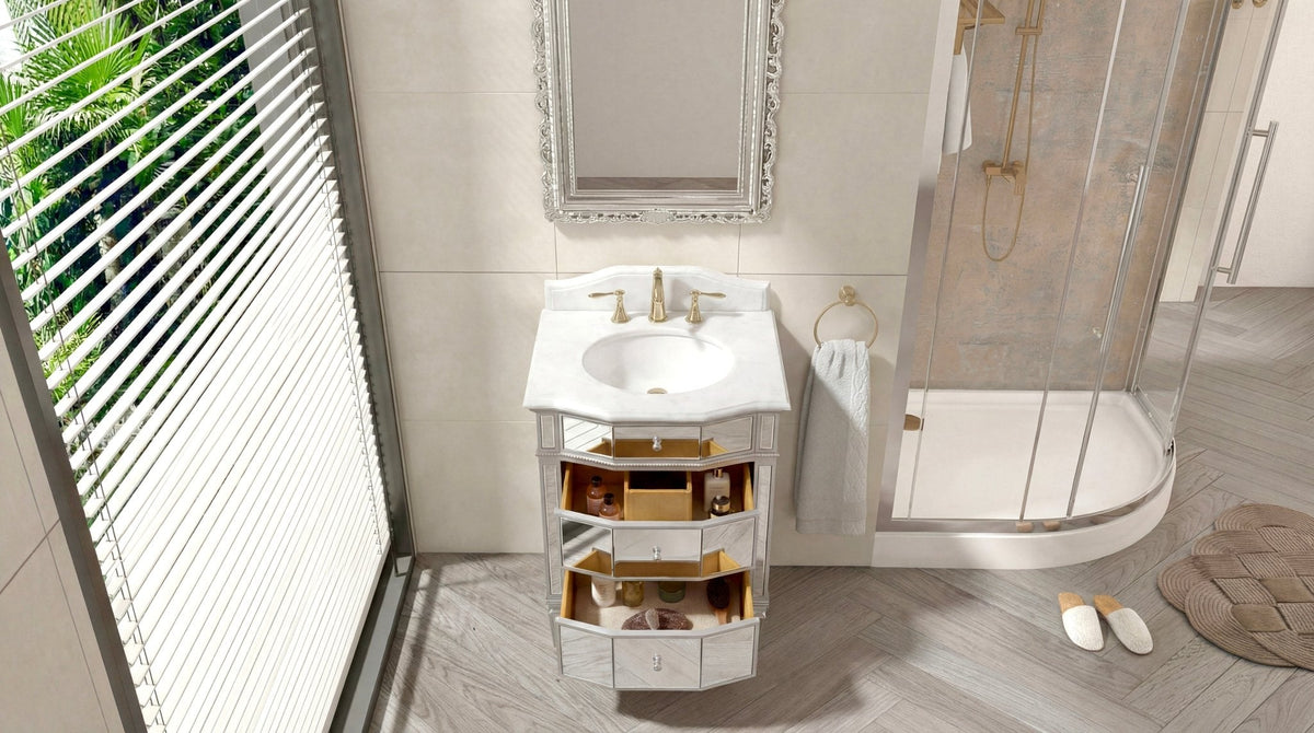 24 Inch Ashlie Mirrored Bathroom Vanity with Silver Trim With Quartz Top & Sink Included