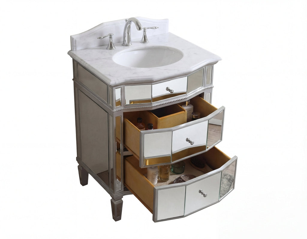 24 Inch Ashlie Mirrored Bathroom Vanity with Silver Trim With Quartz Top & Sink Included